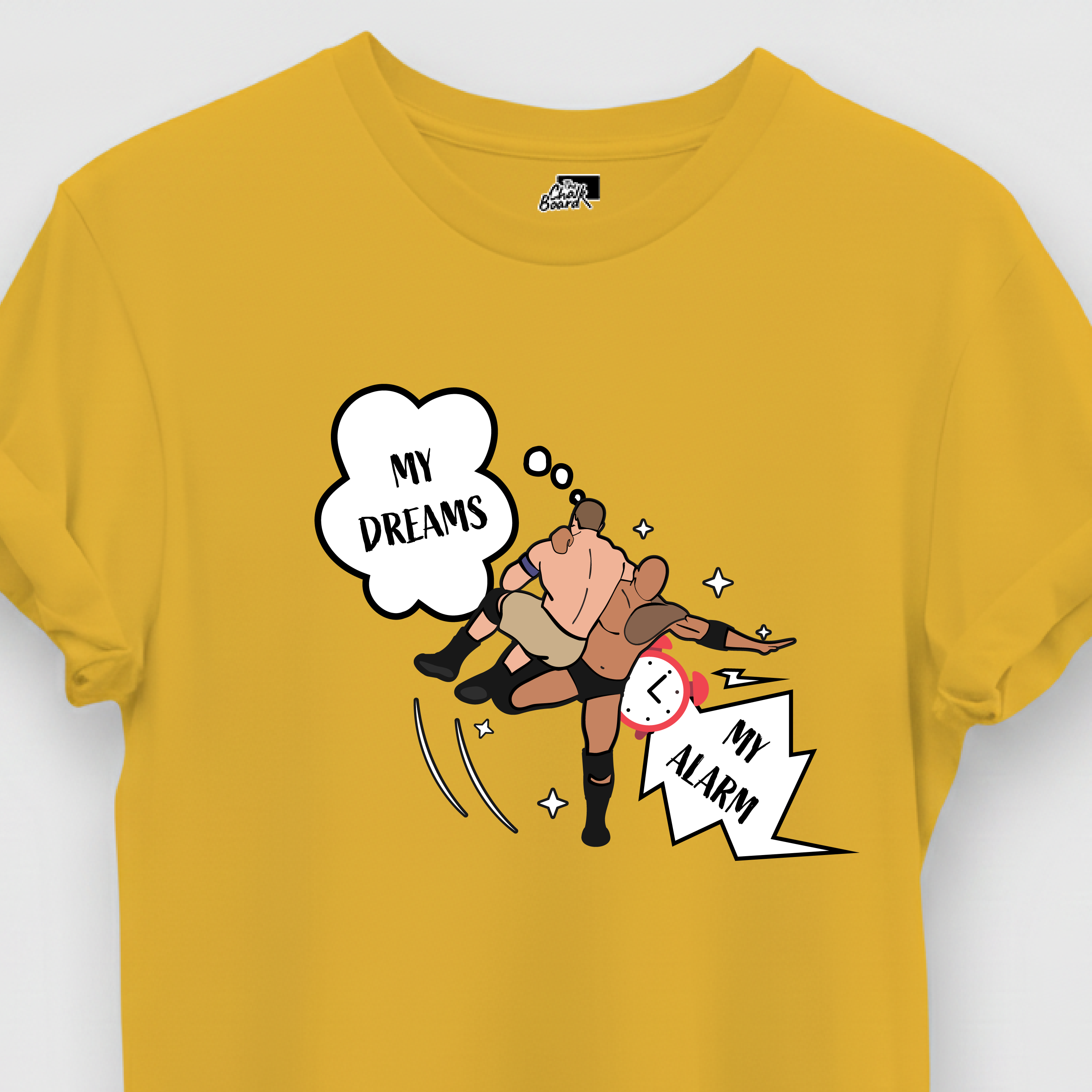 Yellow t-shirt with cartoon graphic and text on a white background