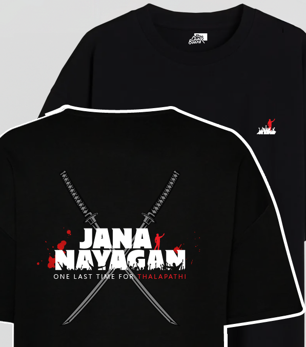 Black short-sleeve graphic T-shirt shown from front and back on a light gray background. The front has a small white chest logo, and the back features a large white 'JANA NAYAGAM' graphic with red splatter accents and crossed swords.