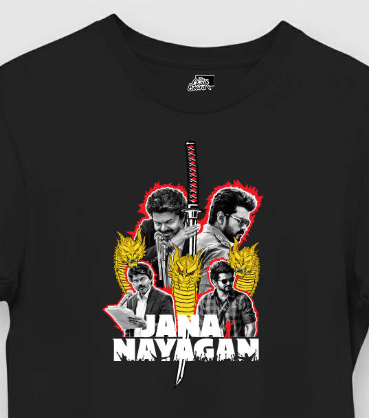 A black short-sleeve crewneck t-shirt featuring a graphic print of the movie 'Jana Nayagam' on the front, displayed against a light gray background.
