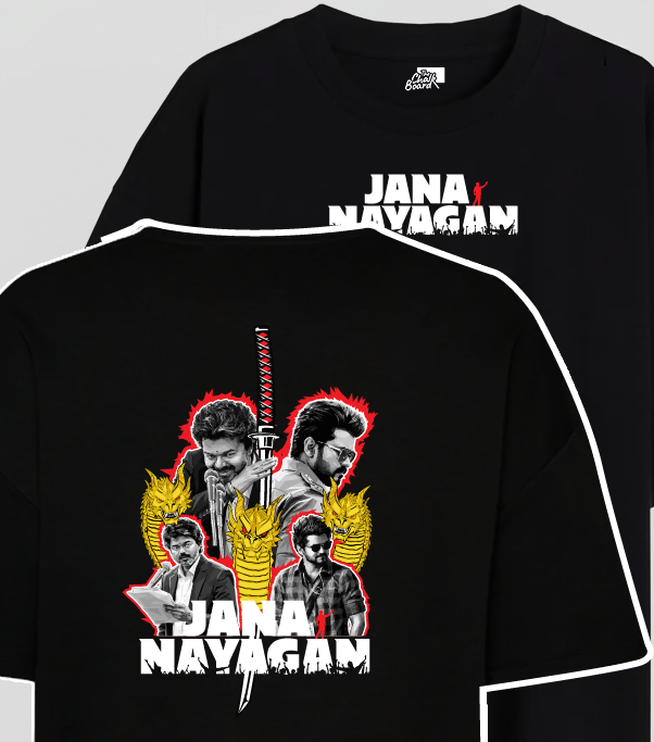 Black short-sleeve graphic T-shirt shown from front and back on a light gray background. The front has white 'JANA NAYAGAM' text near the chest, and the back has a large multicolor graphic print with portrait-style faces and bold white text.