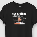 Black t-shirt with a graphic of a man and text 'Back to Office from Vacation' on a white background