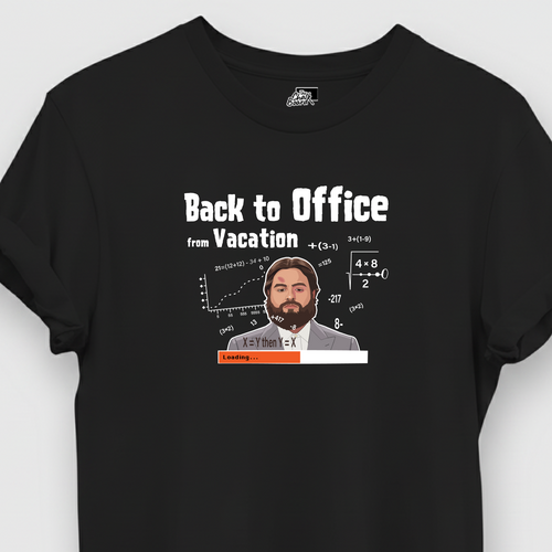 Black t-shirt with a graphic of a man and text 'Back to Office from Vacation' on a white background