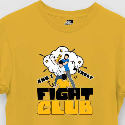 Yellow t-shirt with 'Fight Club' graphic design on a white background