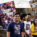 Group of people sitting outdoors with a person wearing a 'Friends Since 1992' t-shirt.