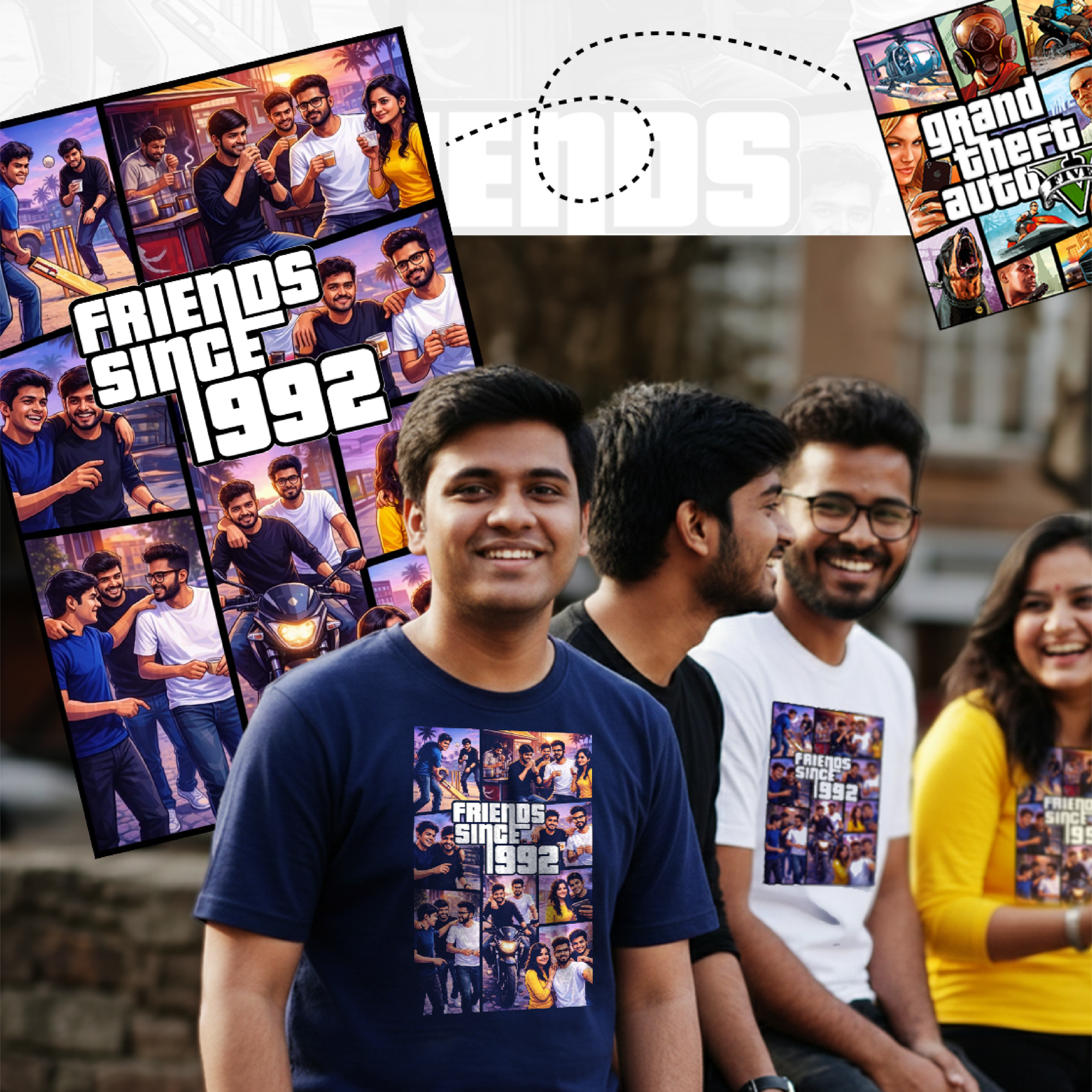 Group of people sitting outdoors with a person wearing a 'Friends Since 1992' t-shirt.