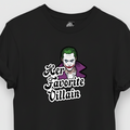 Black t-shirt with a graphic design of a character and text on a white background