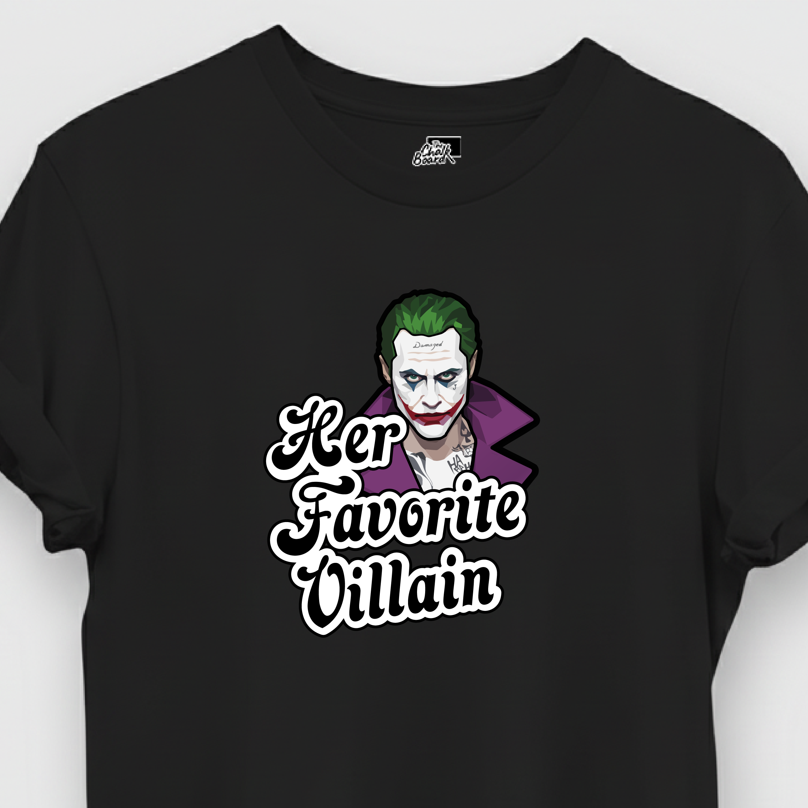 Black t-shirt with a graphic design of a character and text on a white background