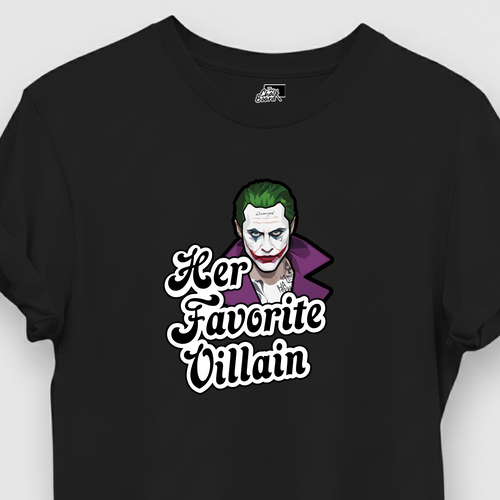 Black t-shirt with a graphic design of a character and text on a white background