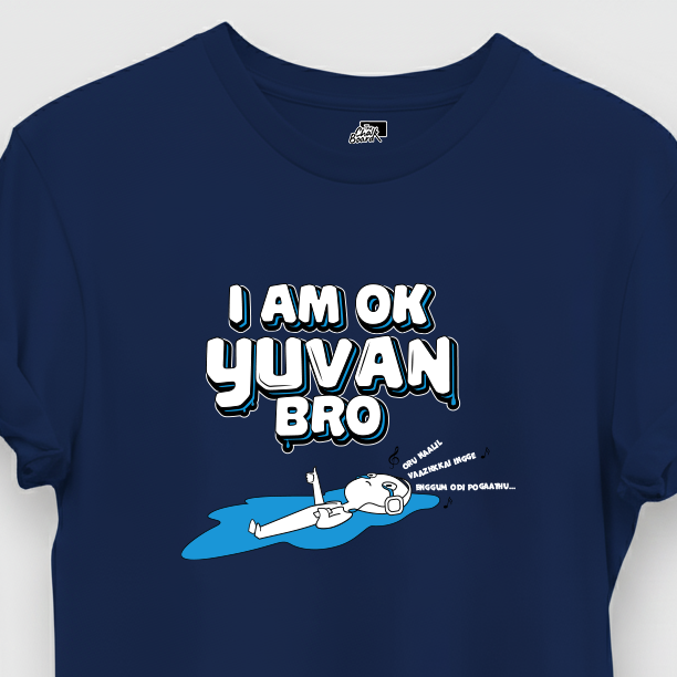Navy blue t-shirt with graphic design and text on a white background