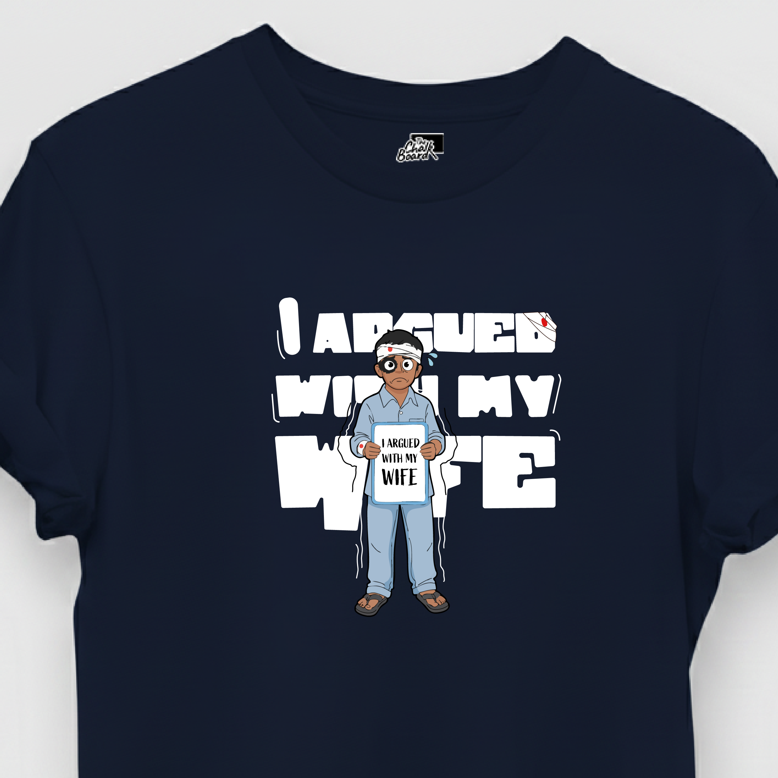 Navy blue t-shirt with graphic design and text on a white background