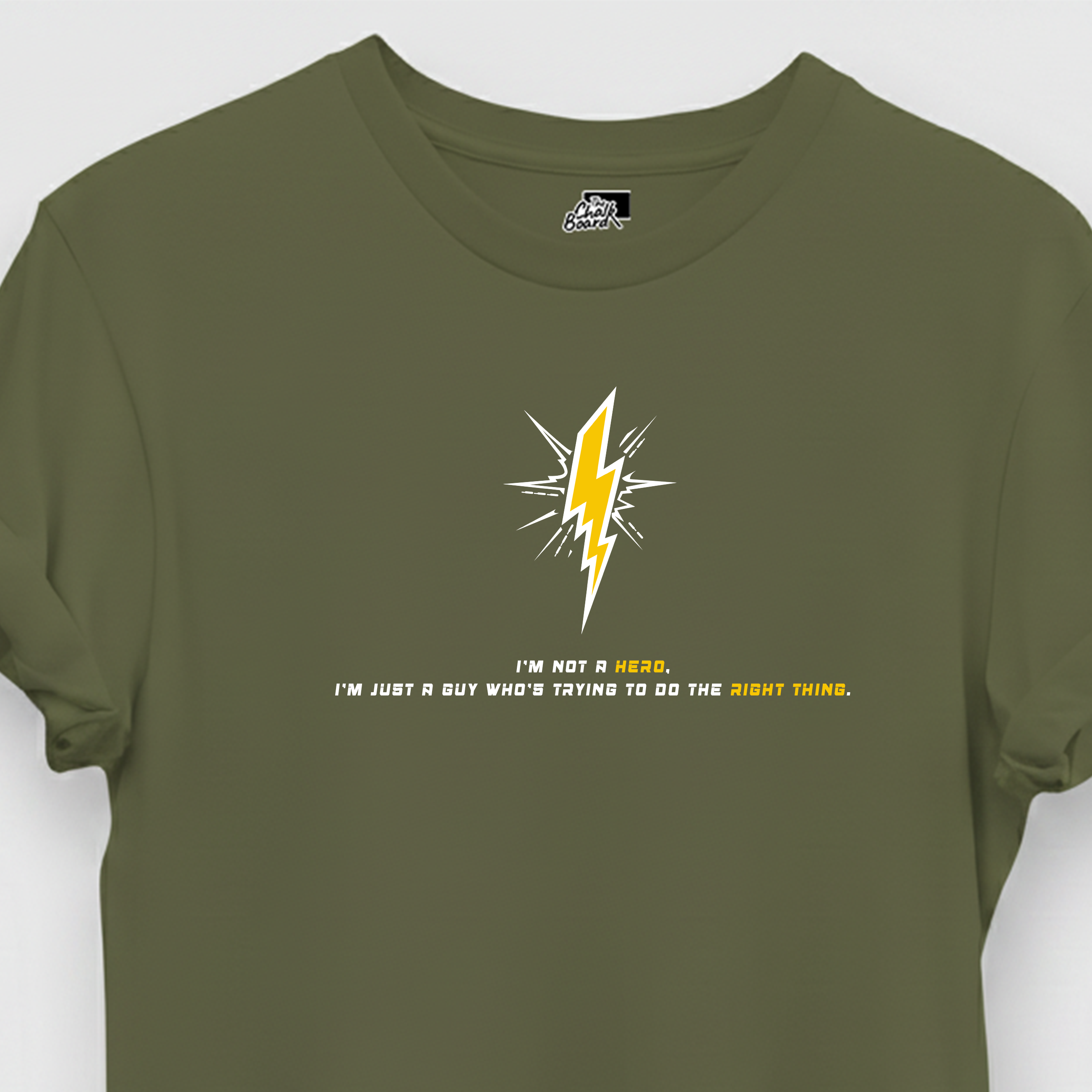 Green t-shirt with a lightning bolt design and text on a white background