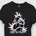 Black t-shirt with a graphic design and text on a white background