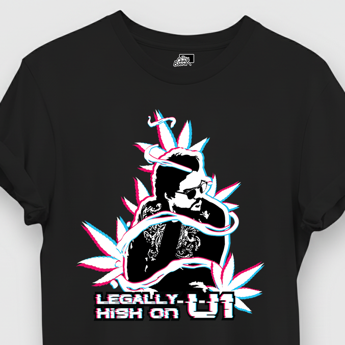 Black t-shirt with a graphic design and text on a white background