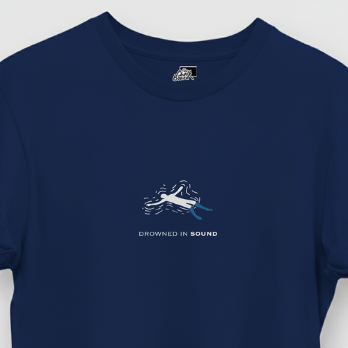Navy blue t-shirt with a white graphic and text on a white background