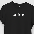 Black t-shirt with 'MOM' text on a white background