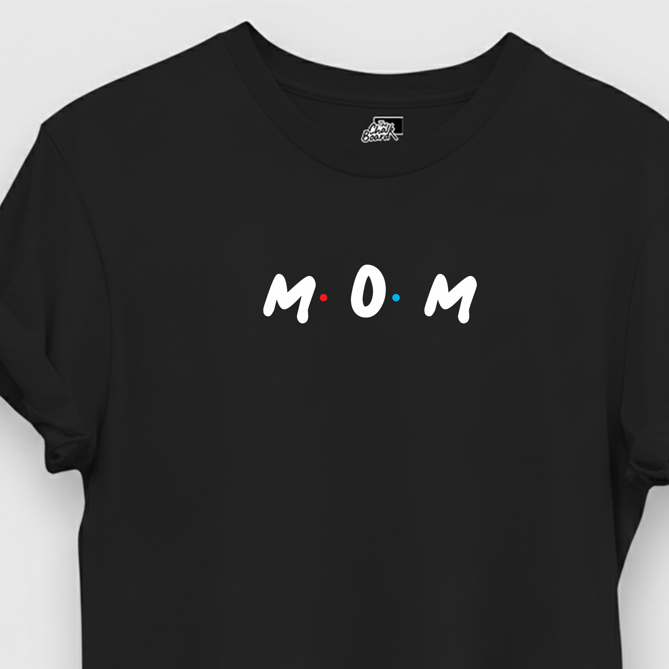 Black t-shirt with 'MOM' text on a white background