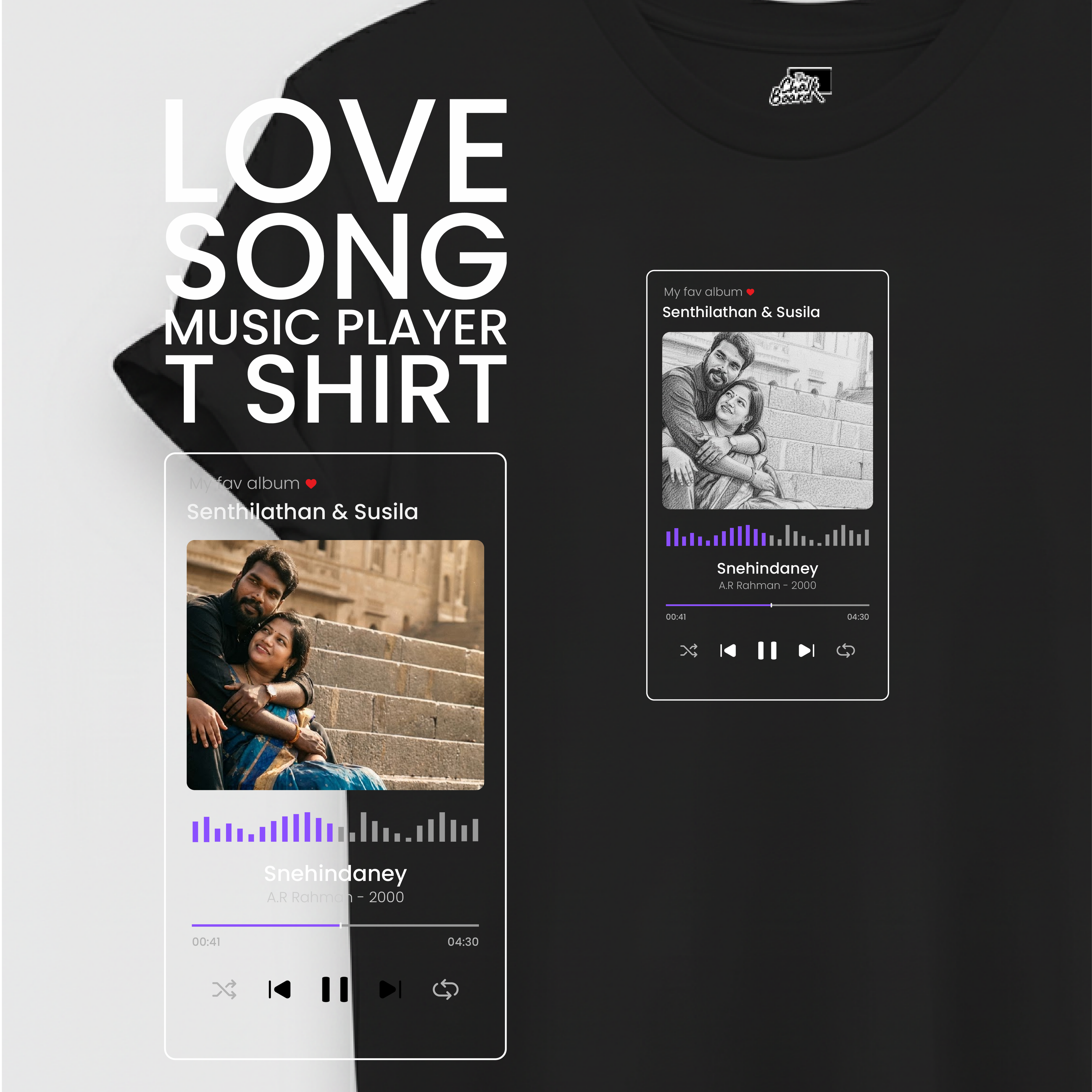 Black t-shirt with music player design and text 'LOVE SONG MUSIC PLAYER T SHIRT' on a white background