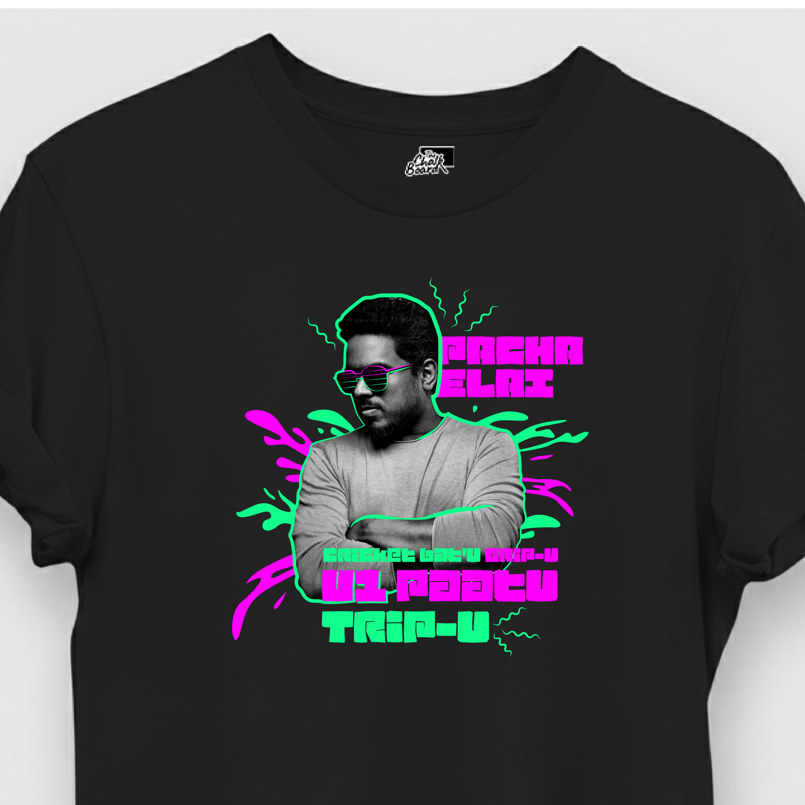 Black t-shirt with a graphic design of a person and text on a white background