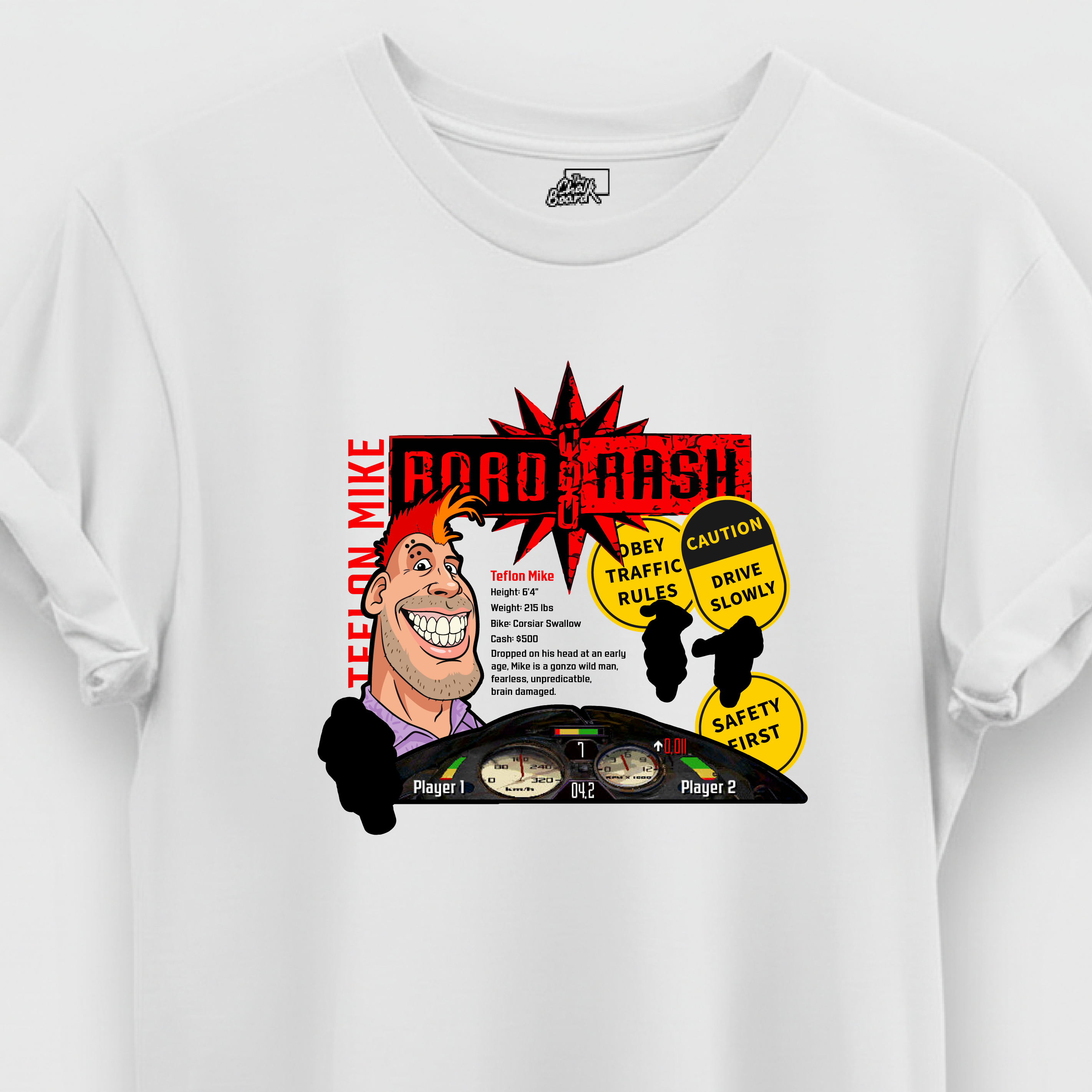 White t-shirt with a graphic design featuring a character and text on a white background