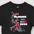 Black t-shirt with colorful graphic design and text on a white background