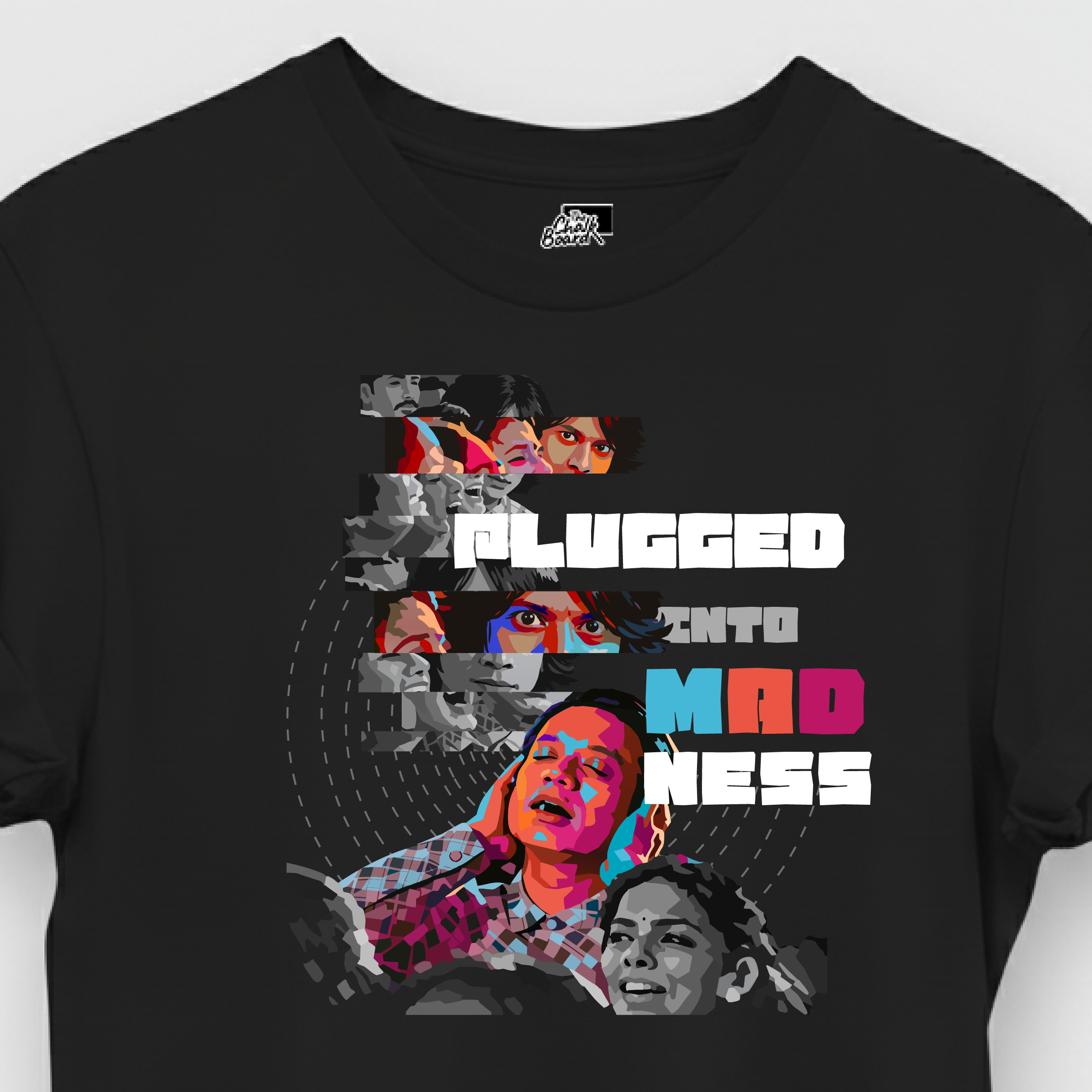 Black t-shirt with colorful graphic design and text on a white background