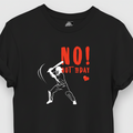 Black t-shirt with graphic design and text on a white background