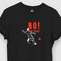 Black t-shirt with graphic design and text on a white background