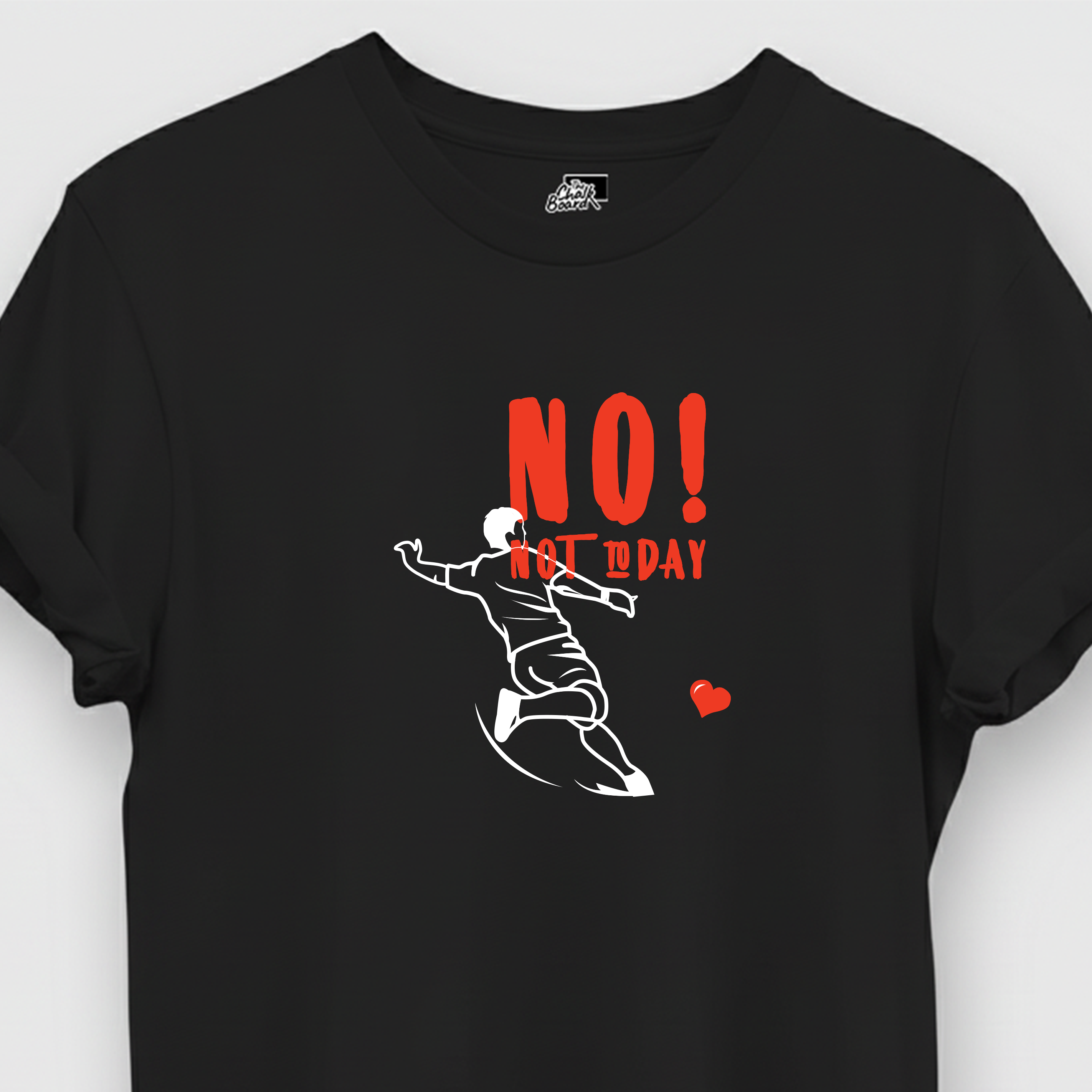 Black t-shirt with graphic design and text on a white background