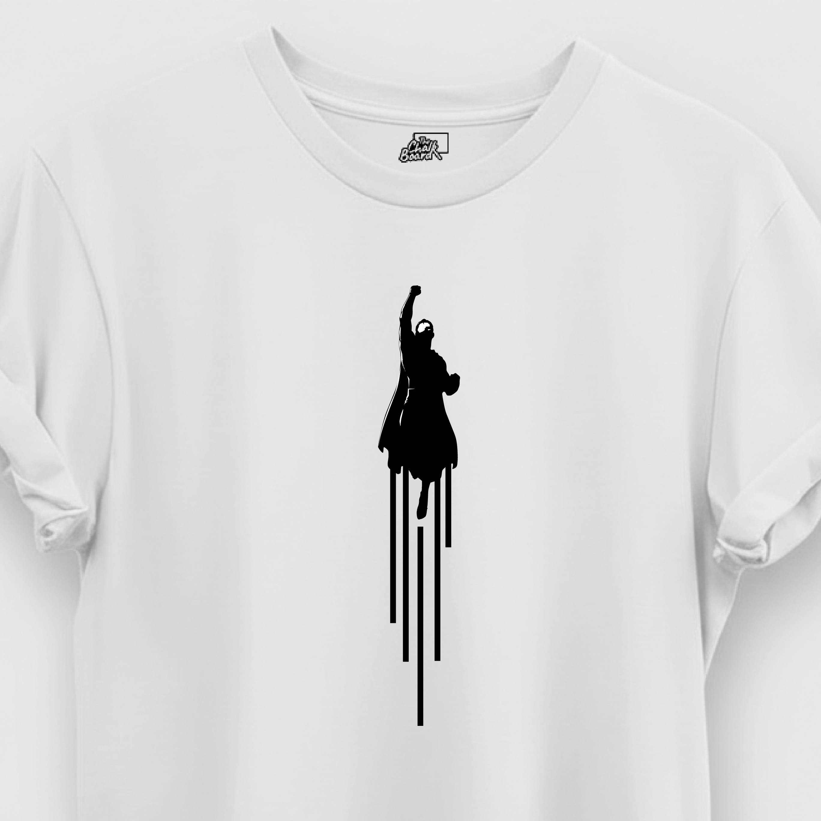 White t-shirt with a black graphic design on a white background