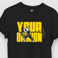 Black t-shirt with yellow graphic and text on a white background