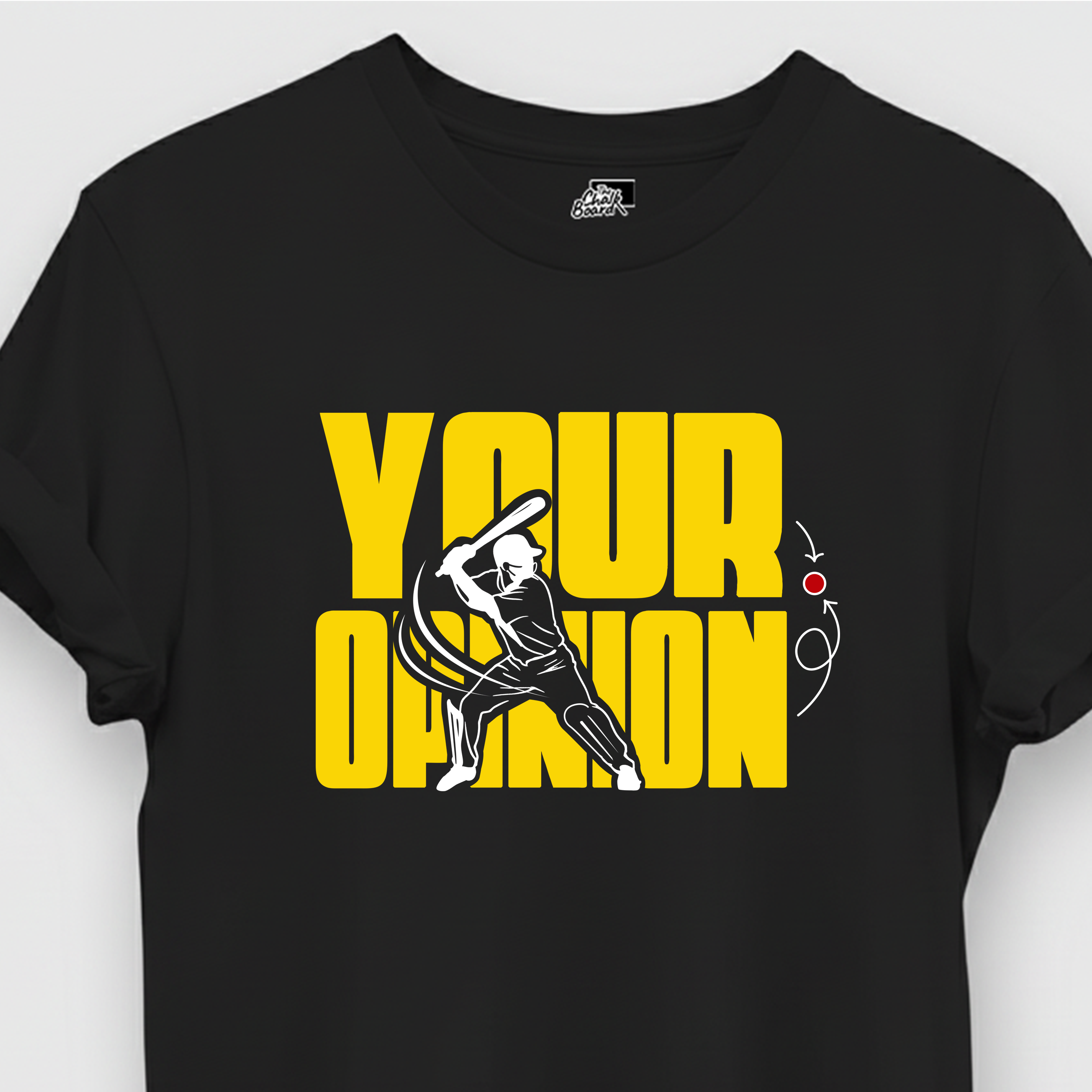 Black t-shirt with yellow graphic and text on a white background