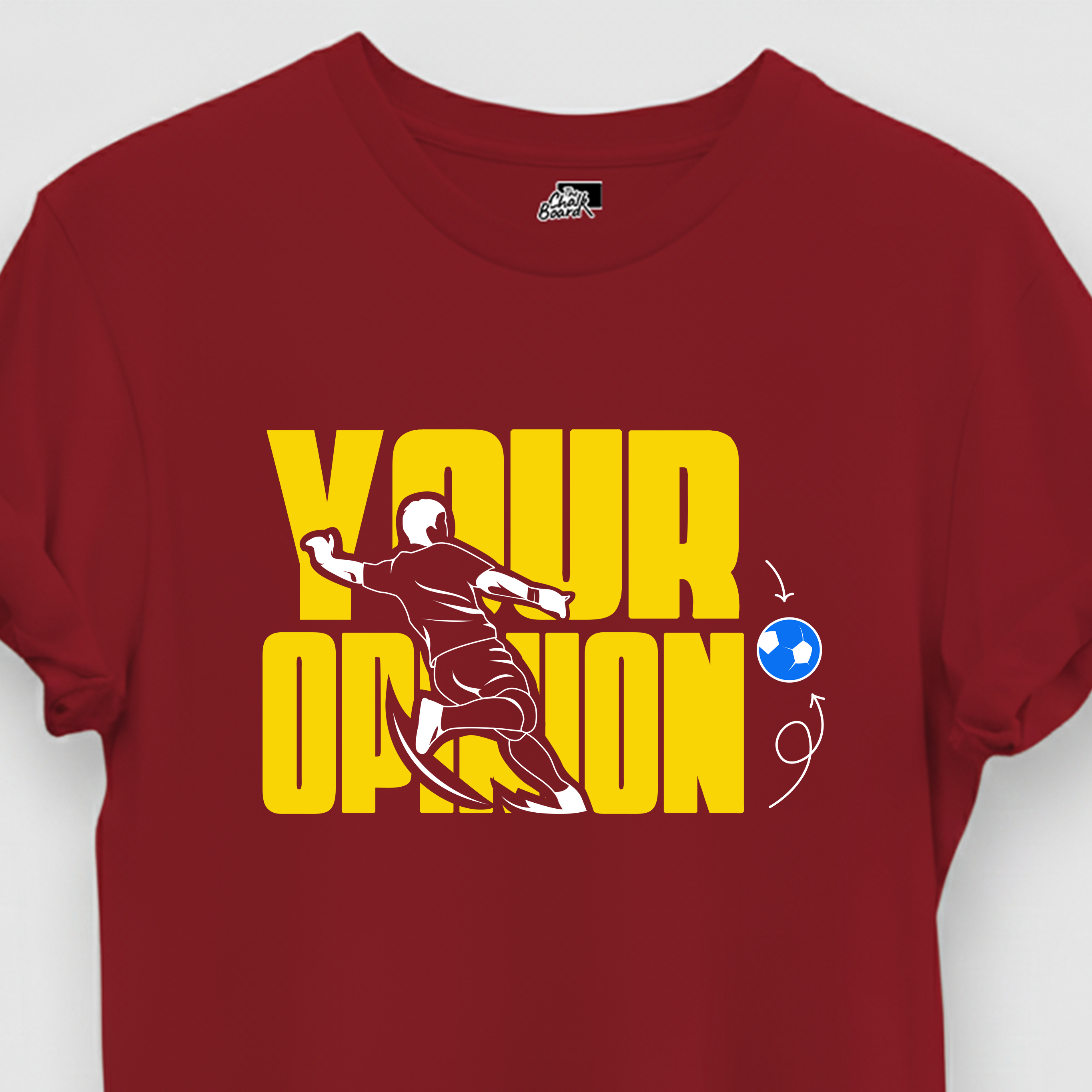 Red t-shirt with graphic design and text on a white background