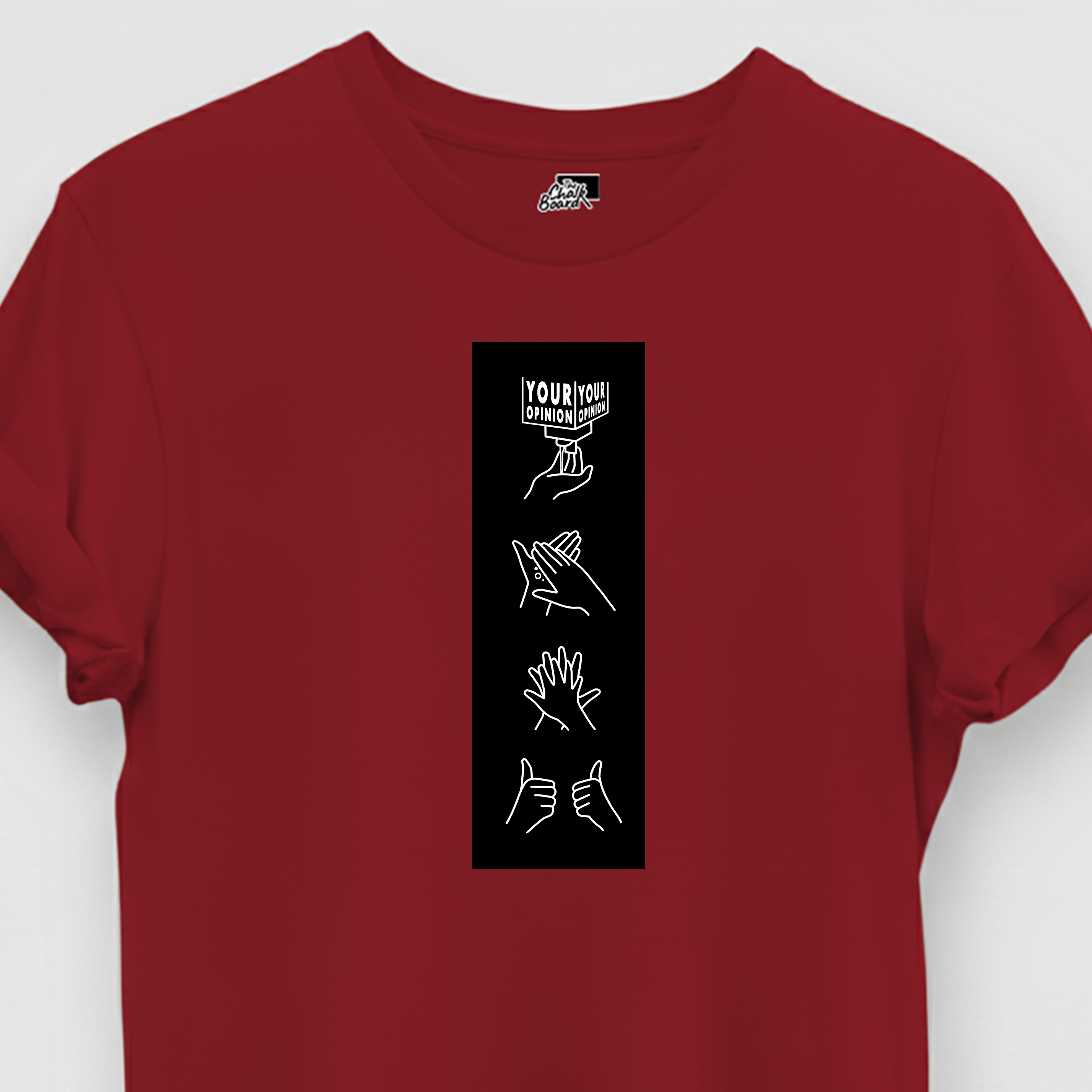 Red t-shirt with a black graphic on a white background