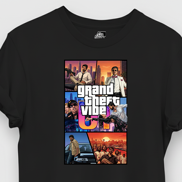 Black t-shirt with 'Grand Theft Vibe' graphic design on a white background